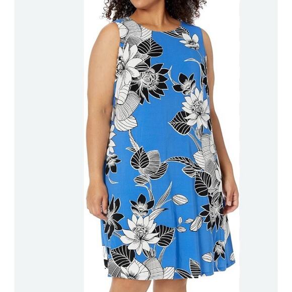 Kasper Plus Size 2X Blue Floral Lined Sheath Dress EUC - Picture 1 of 8